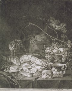 Pièce de banquet avec homards, poissons et chat - Robert Robinson